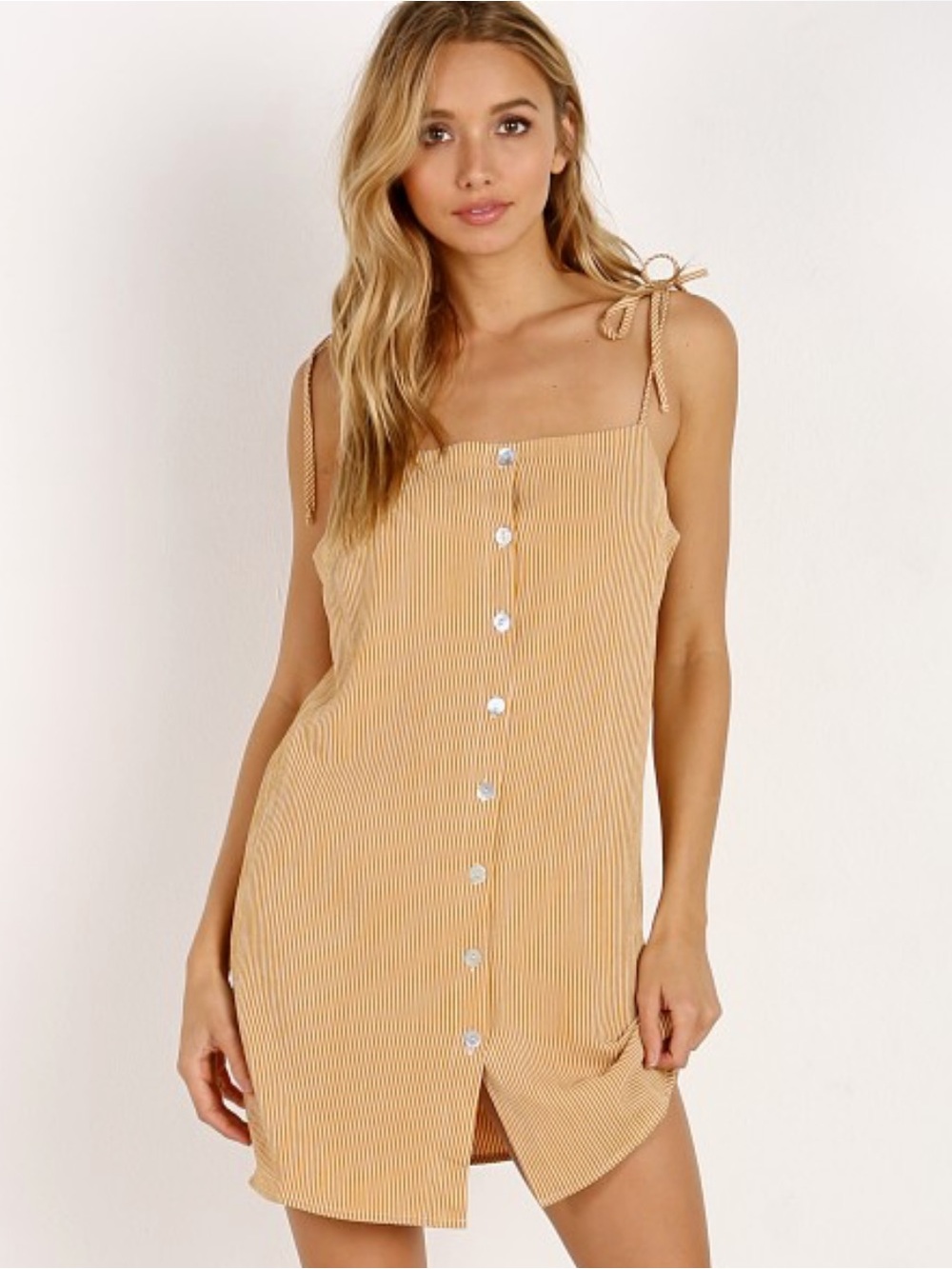 Jen's Pirate Booty Mala Tan Pinstripe ribbed strappy Button-Front Mini dress